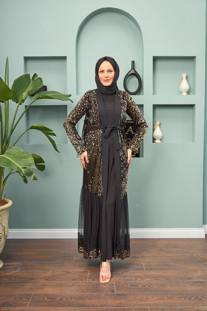 Hulya Keser Abaya Com Detalhe Dourado Preto Roupas por atacado Verão