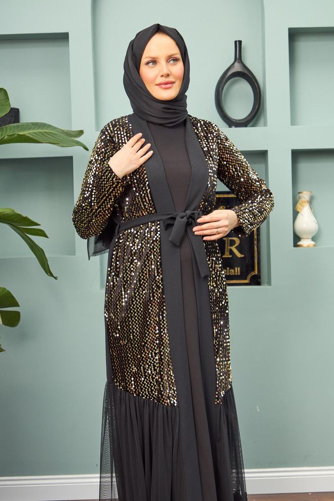 Hulya Keser Abaya Com Detalhe Dourado Preto Roupas por atacado Glamoroso