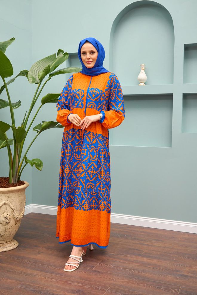 Hulya Keser Dress Brick & Blue Wholesale Clothing Modest