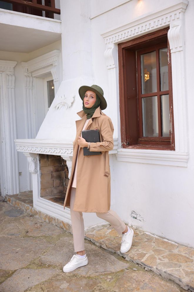 Hulya Keser Trench Coat With Buttoned Sleeves Tan Wholesale Clothing Formal
