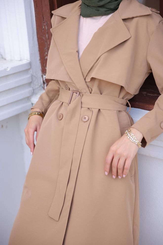 Hulya Keser Trench Coat With Buttoned Sleeves Tan Wholesale Clothing 2