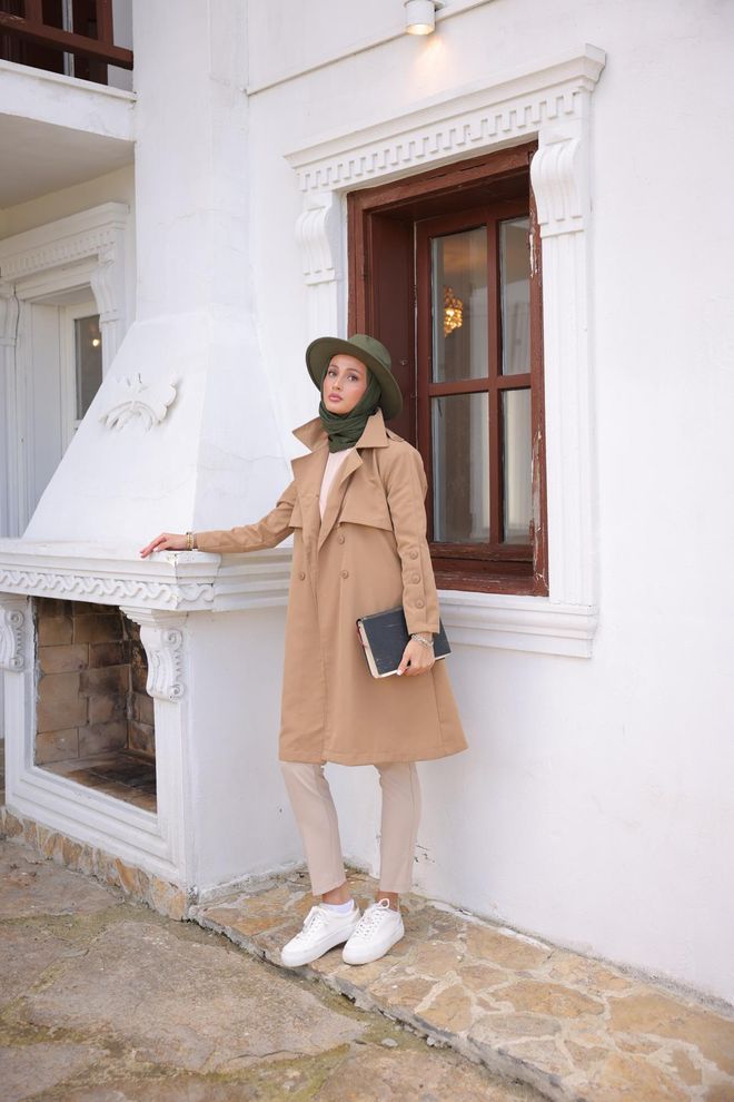 Hulya Keser Trench Coat With Buttoned Sleeves Tan Wholesale Clothing Modest