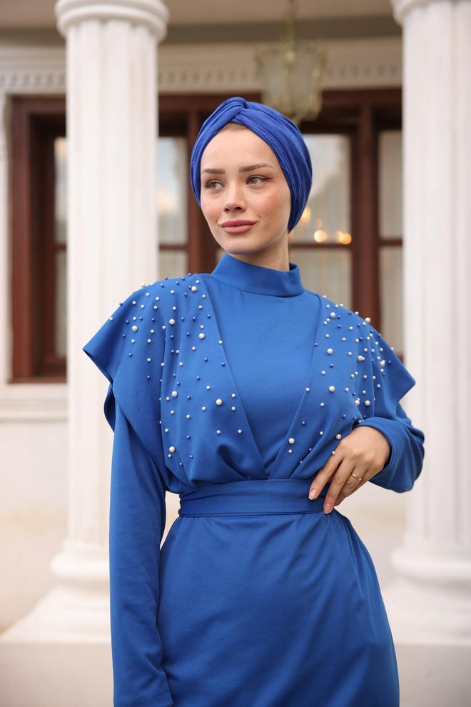 Hulya Keser Abito Da Sera In Crêpe Con Dettagli In Pietra Sulle Spalle Blu Saks Abbigliamento all'ingrosso Elegante