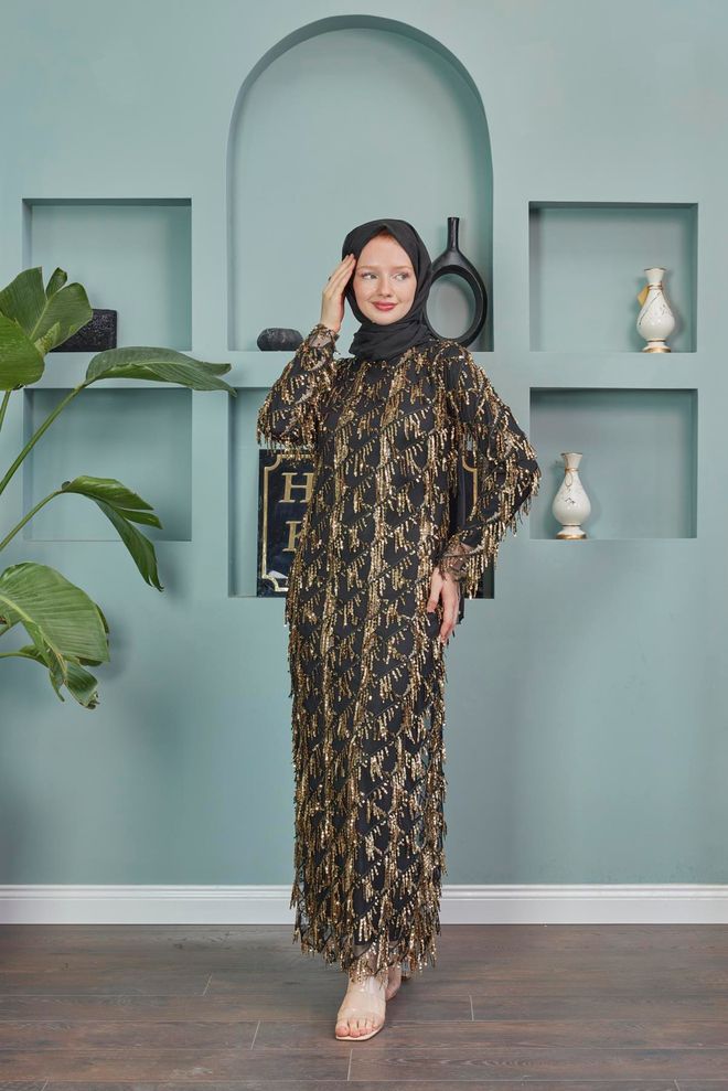 Hulya Keser Abito Da Sera Con Nappe Rana Oro Abbigliamento all'ingrosso Elegante