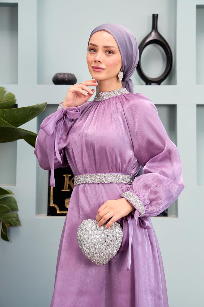 Hulya Keser Suknia Wieczorowa Z Ozdobnymi Kamieniami – Liliowa Hurtowa sprzedaż odzieży Wesele