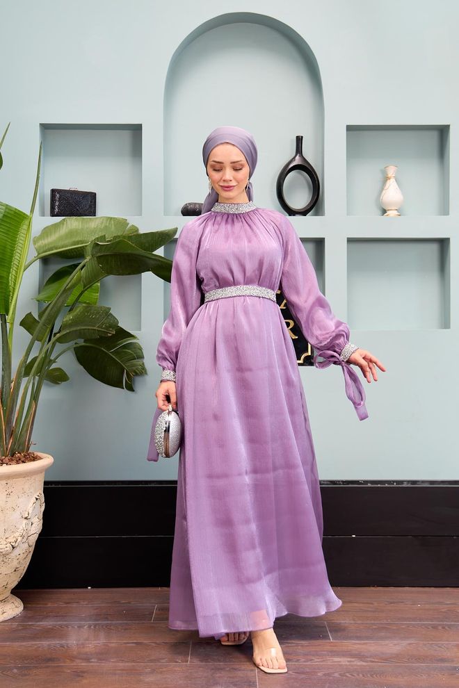 Hulya Keser Abito Da Sera Con Dettaglio Decorativo In Pietra Lilla Abbigliamento all'ingrosso Formale
