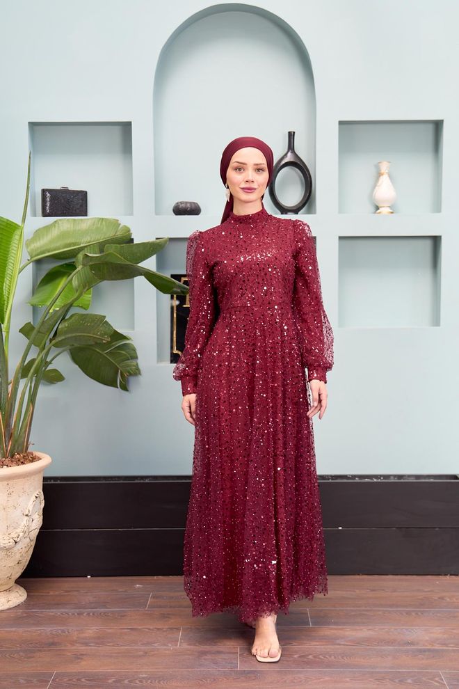 Hulya Keser Eslem Stone Embroidered Tulle Fabric Evening Dress Claret Red Wholesale Clothing Glam