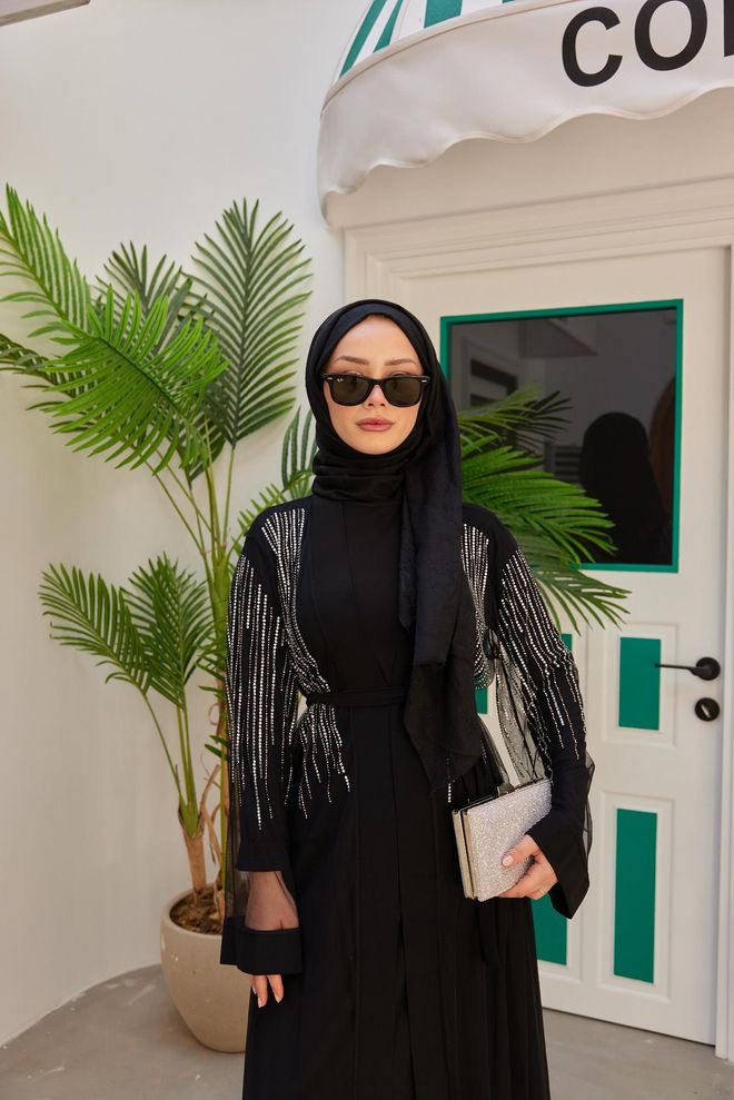 Hulya Keser Stone Detail Stripe Arrangement Abaya Black Wholesale Clothing Formal