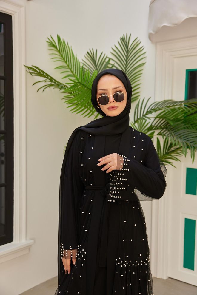 Hulya Keser Stone Arrangement Tulle Abaya Black Wholesale Clothing Casual