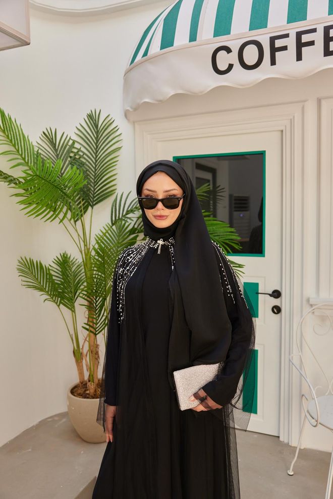 Hulya Keser Abaya Ukrašena Kamenom Na Ramenu Crna Veleprodaja odjeće Formalni