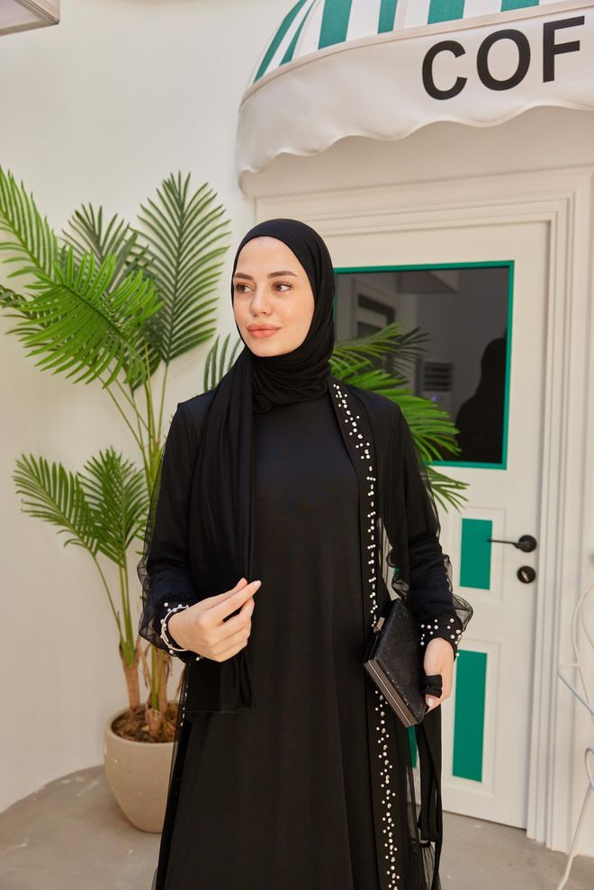 Hulya Keser Abaya With Stones On The Sleeves And Collar Black Wholesale Clothing Casual