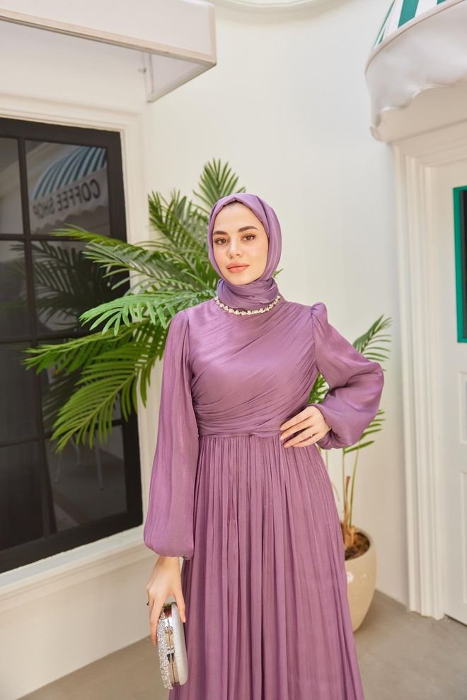 Hulya Keser Elmas Işıltı Abiye Lila Toptan Giyim Tesettür