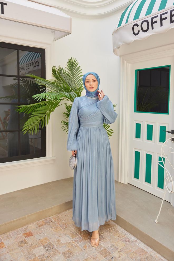 Hulya Keser Abito Da Sera Con Diamanti Scintillanti Celeste Abbigliamento all'ingrosso Modesto