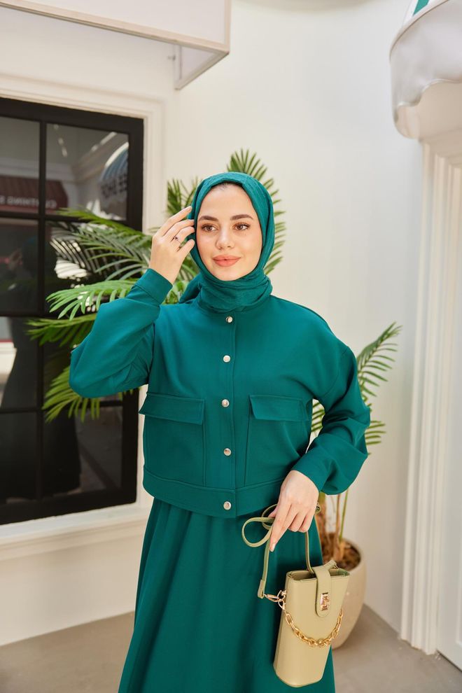 Hulya Keser Διπλή Κρέπ Φούστα Φούστα Με Ελαστική Μέση Πράσινη Χονδρικό εμπόριο ενδυμάτων Casual