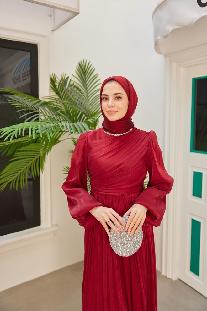 Hulya Keser Abito Da Sera Scintillante Con Diamanti Rosso Bordeaux Abbigliamento all'ingrosso Modesto