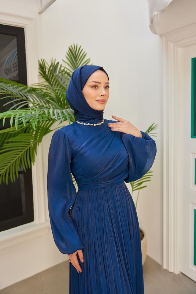 Hulya Keser فستان سهرة متألق بالألماس أزرق داكن ملابس بالجملة محتشم