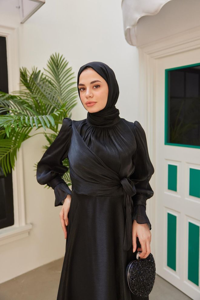 Hulya Keser Işıltı Avondjurk Zwart Groothandel Kleding Lente