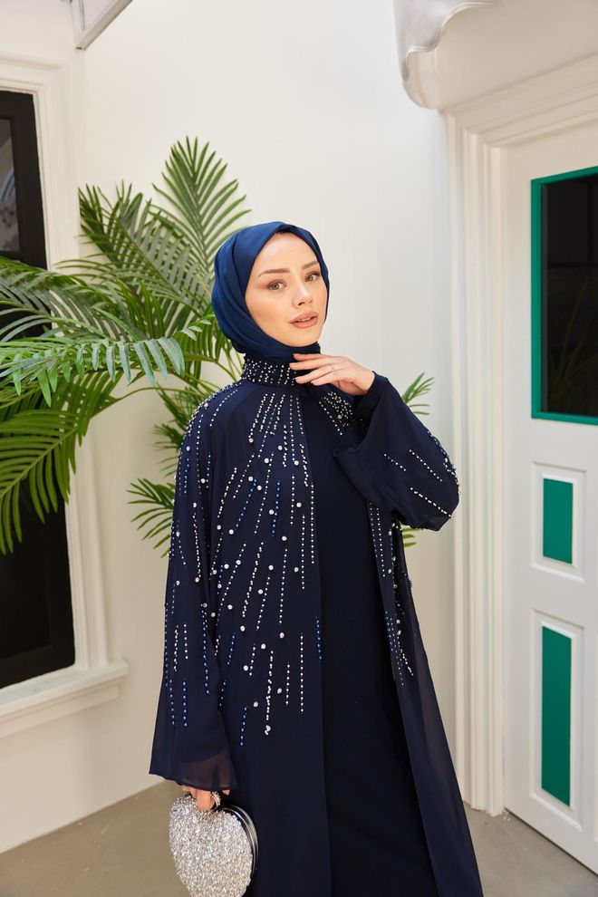Hulya Keser Princess Stoned Inner Abaya Navy Blue Wholesale Clothing Modest