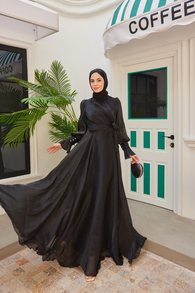 Hulya Keser Işıltı Avondjurk Zwart Groothandel Kleding Geen stof