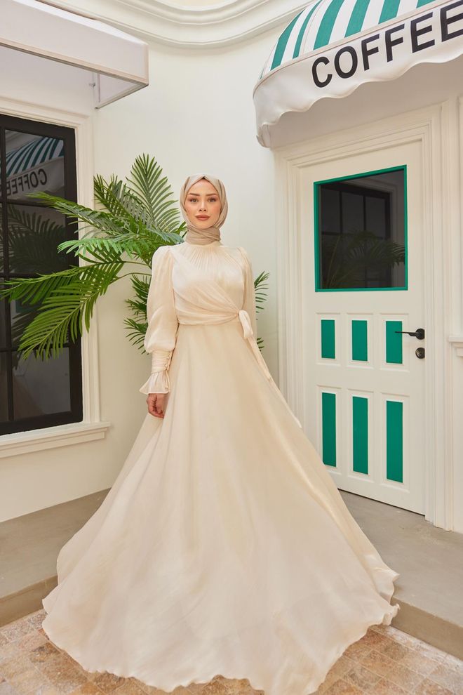 Hulya Keser Glitter Evening Dress Ecru Wholesale Clothing Fall