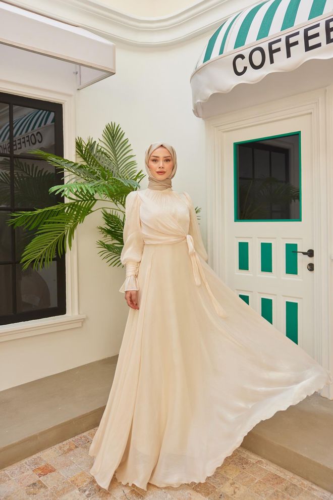 Hulya Keser Glitter Evening Dress Ecru Wholesale Clothing Spring