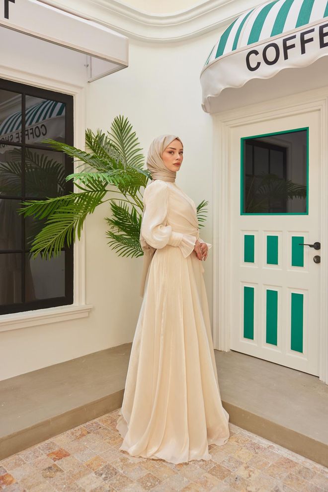 Hulya Keser Glitter Evening Dress Ecru Wholesale Clothing Formal