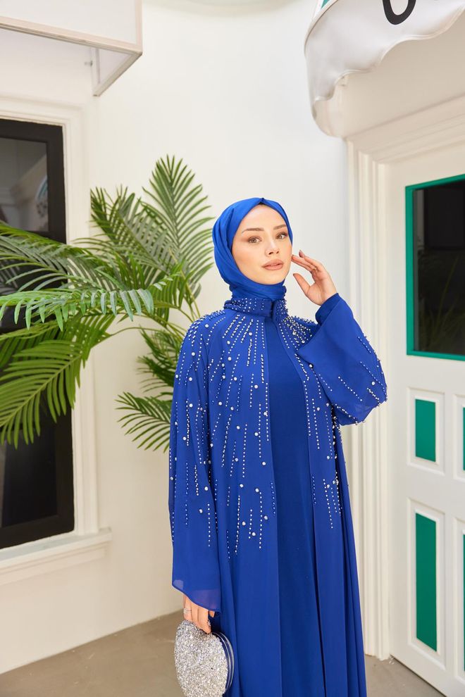 Hulya Keser Princess Stoned Inner Abaya Saxe Blue Wholesale Clothing Modest