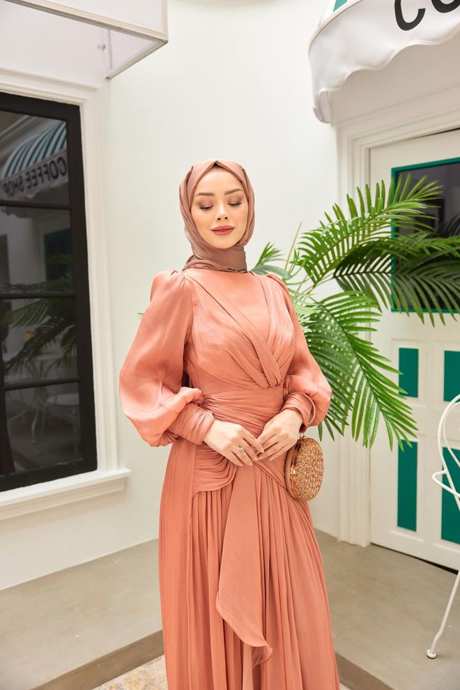 Hulya Keser فستان سهرة طويل سلمون ملابس بالجملة رائع