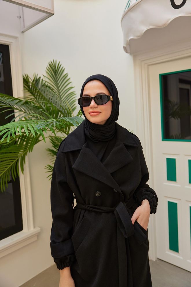 Hulya Keser معطف Sude Kaşe أسود ملابس بالجملة محتشم