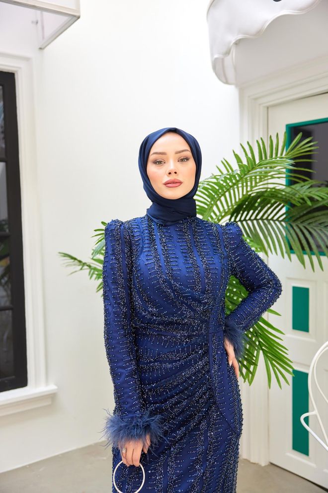 Hulya Keser Abito Da Sera Ricamato Kübra Stone Blu Navy Abbigliamento all'ingrosso Elegante