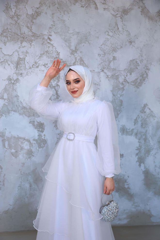 Hulya Keser Weißes Elegantes Bescheidenes A Linien Kleid Großhandelskleidung Modest