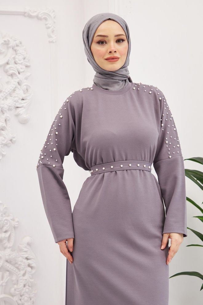 Hulya Keser Платье Назлы Серый Оптовая продажа одежды Весна