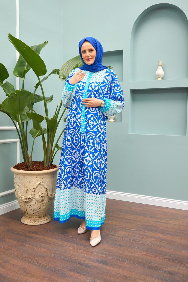 Hulya Keser Obleka Saks modra Oblačila na debelo Skromno