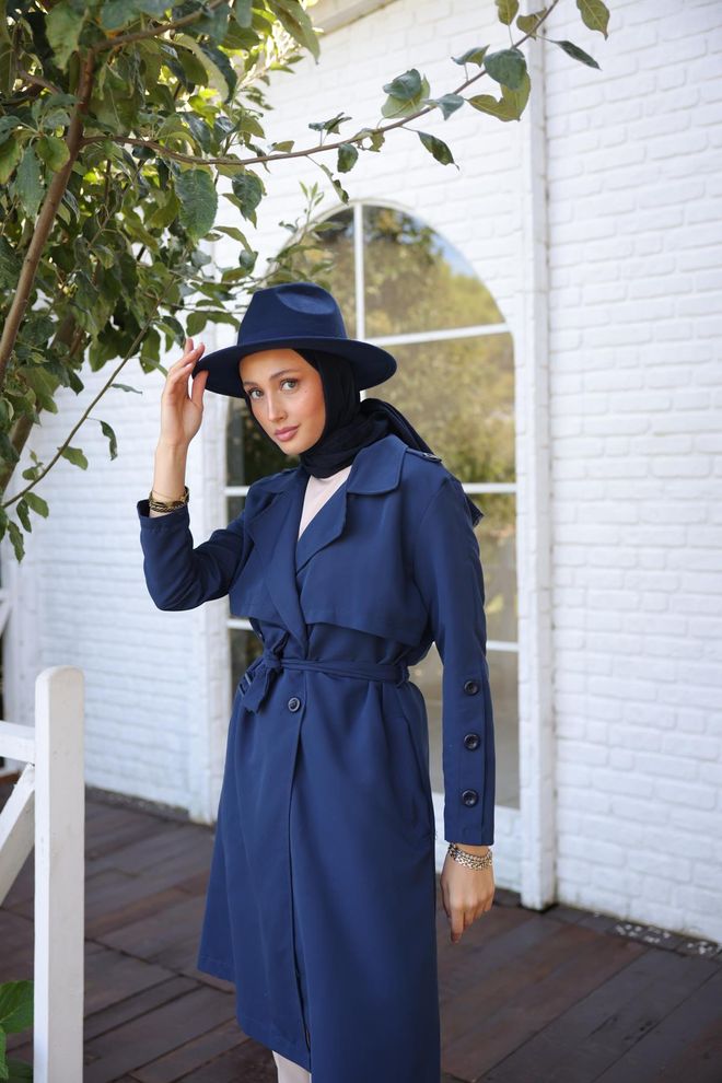 Hulya Keser Trench Coat With Buttoned Sleeves Navy Blue Wholesale Clothing Casual