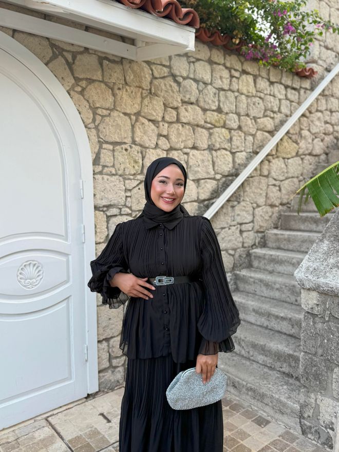 Hulya Keser Zarif Siyah Pileli Maksi Etek Toptan Giyim İş