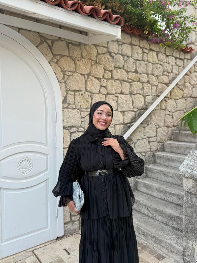 Hulya Keser Zarif Siyah Pileli Maksi Etek Toptan Giyim 1