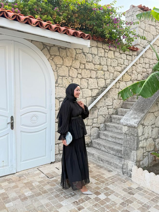 Hulya Keser Zarif Siyah Pileli Maksi Etek Toptan Giyim Düğün
