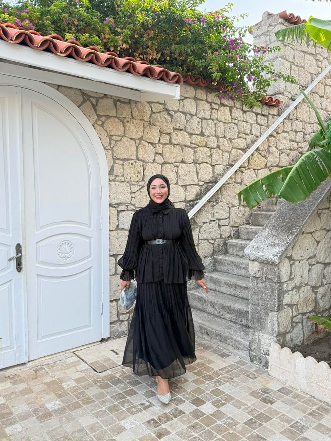 Hulya Keser Zarif Siyah Pileli Maksi Etek Toptan Giyim Zarif
