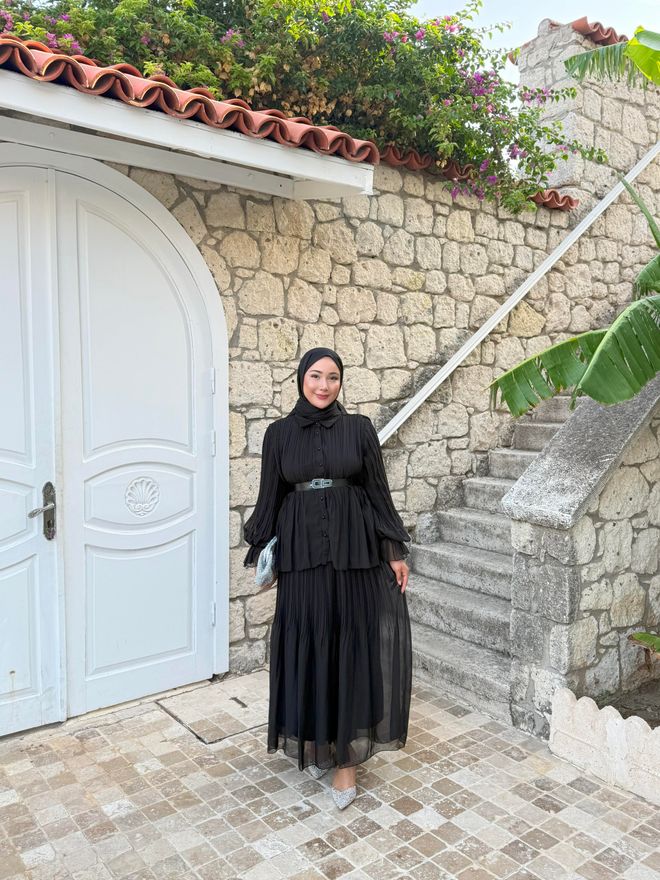 Hulya Keser Zarif Siyah Pileli Maksi Etek Toptan Giyim 9