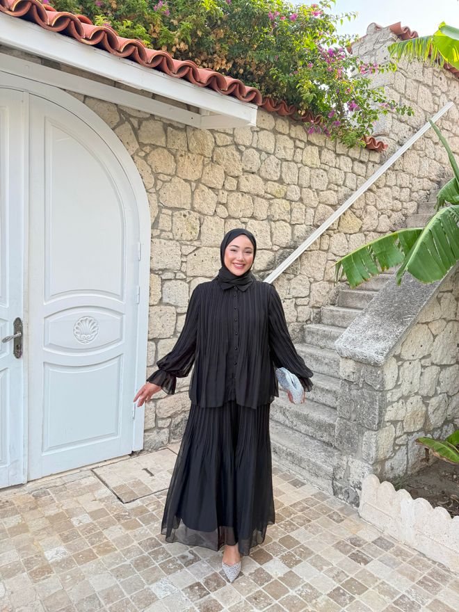 Hulya Keser Zarif Siyah Pileli Maksi Etek Toptan Giyim Mezuniyet