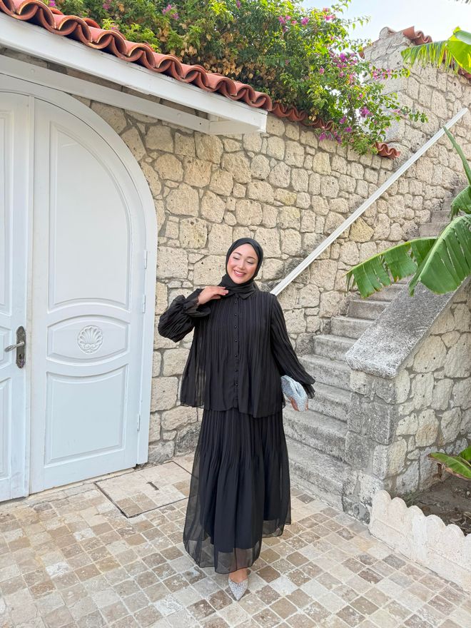 Hulya Keser Zarif Siyah Pileli Maksi Etek Toptan Giyim Kış