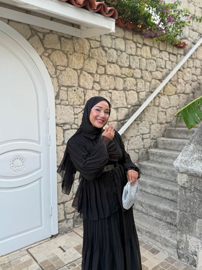 Hulya Keser Zarif Siyah Pileli Maksi Etek Toptan Giyim 12
