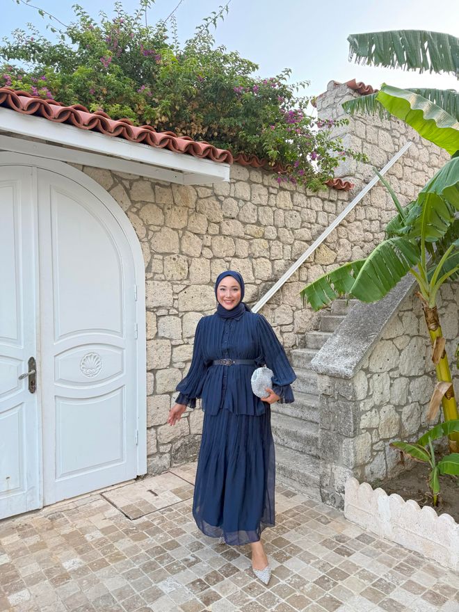 Hulya Keser Lacivert Katlı Çizgili Maksi Etek Orta Bel Toptan Giyim Bahar