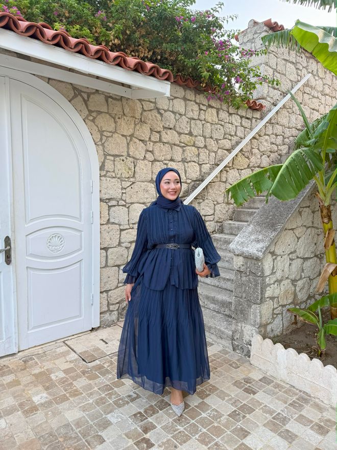 Hulya Keser Lacivert Katlı Çizgili Maksi Etek Orta Bel Toptan Giyim 1