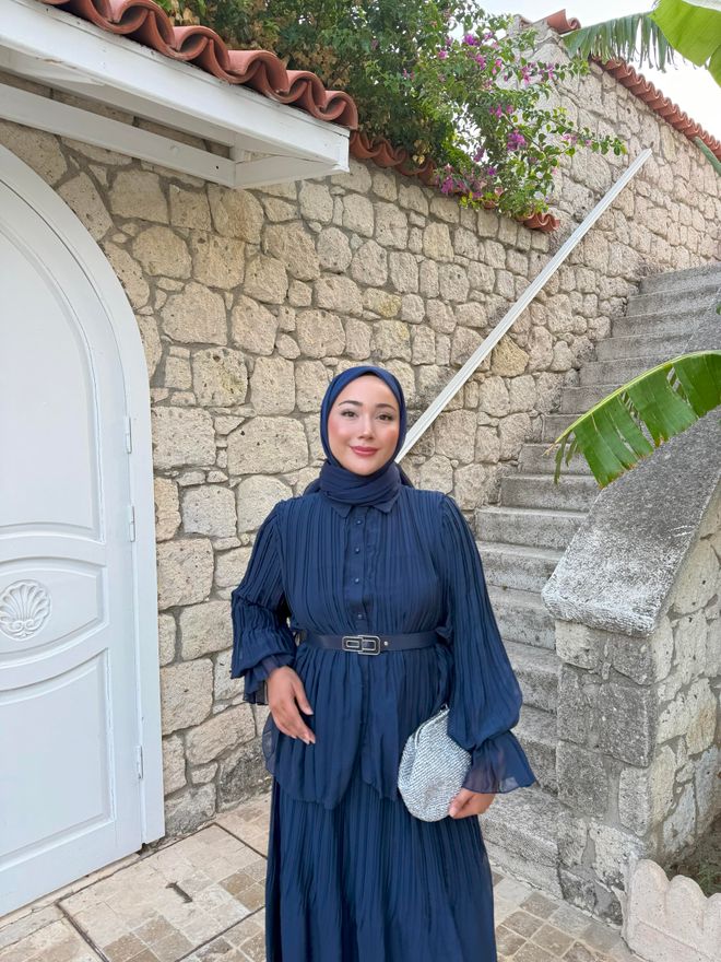Hulya Keser Lacivert Katlı Çizgili Maksi Etek Orta Bel Toptan Giyim İş