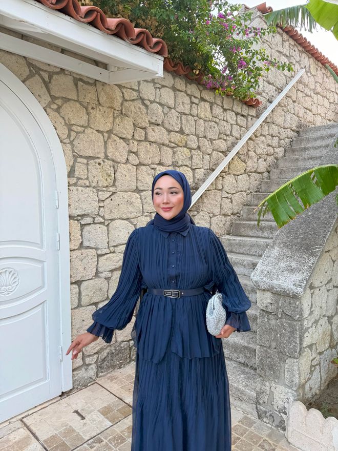 Hulya Keser Lacivert Katlı Çizgili Maksi Etek Orta Bel Toptan Giyim 5