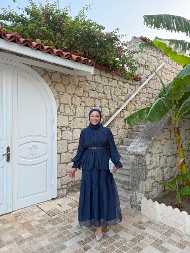 Hulya Keser Lacivert Katlı Çizgili Maksi Etek Orta Bel Toptan Giyim 0