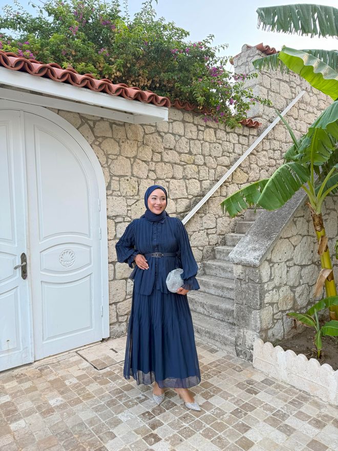Hulya Keser Lacivert Katlı Çizgili Maksi Etek Orta Bel Toptan Giyim Doğum Günü