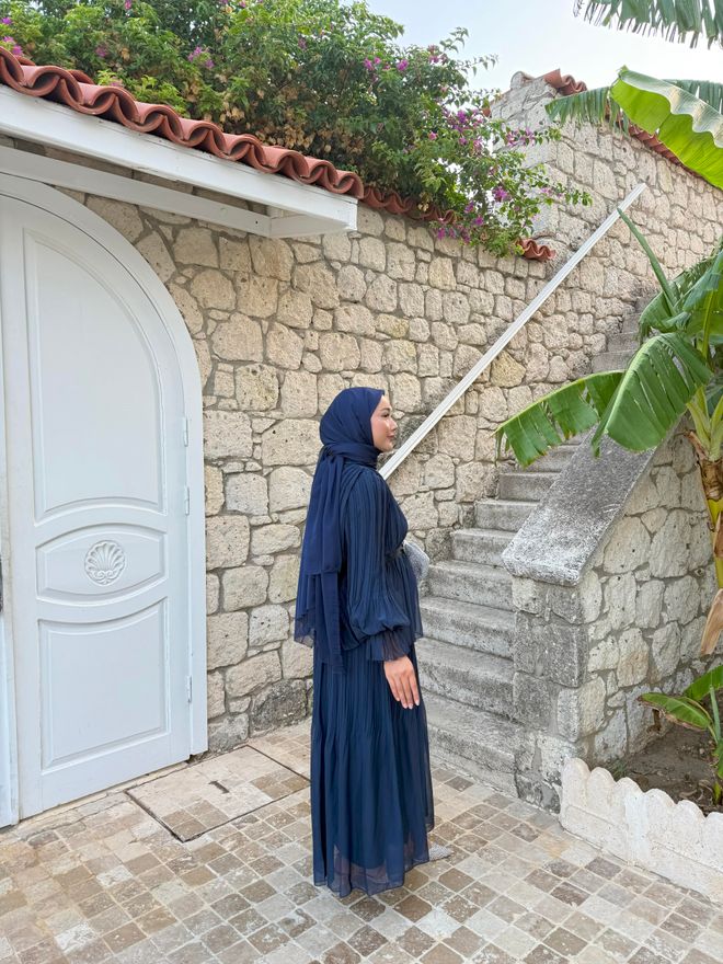 Hulya Keser Lacivert Katlı Çizgili Maksi Etek Orta Bel Toptan Giyim Yaz