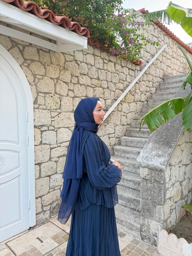 Hulya Keser Lacivert Katlı Çizgili Maksi Etek Orta Bel Toptan Giyim 9